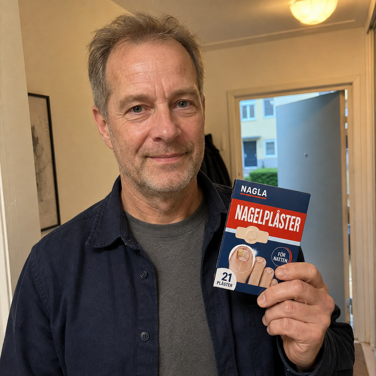 Björn, 61 år håller upp en förpackning NAGLA Nagelplåster