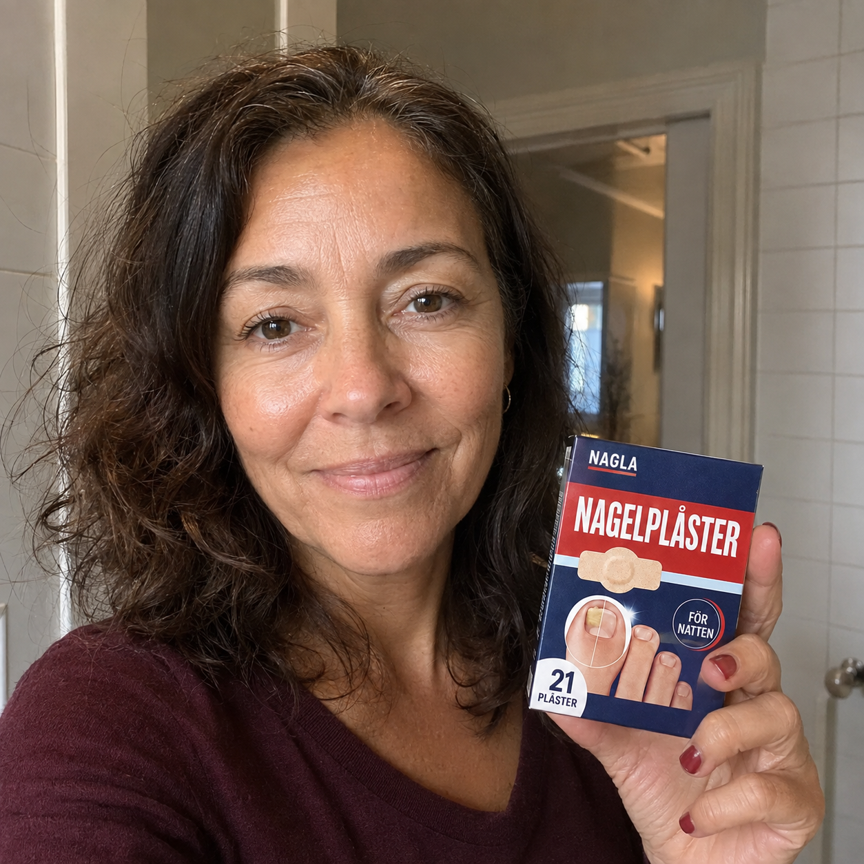 Sofia, 51 år håller upp en förpackning NAGLA Nagelplåster