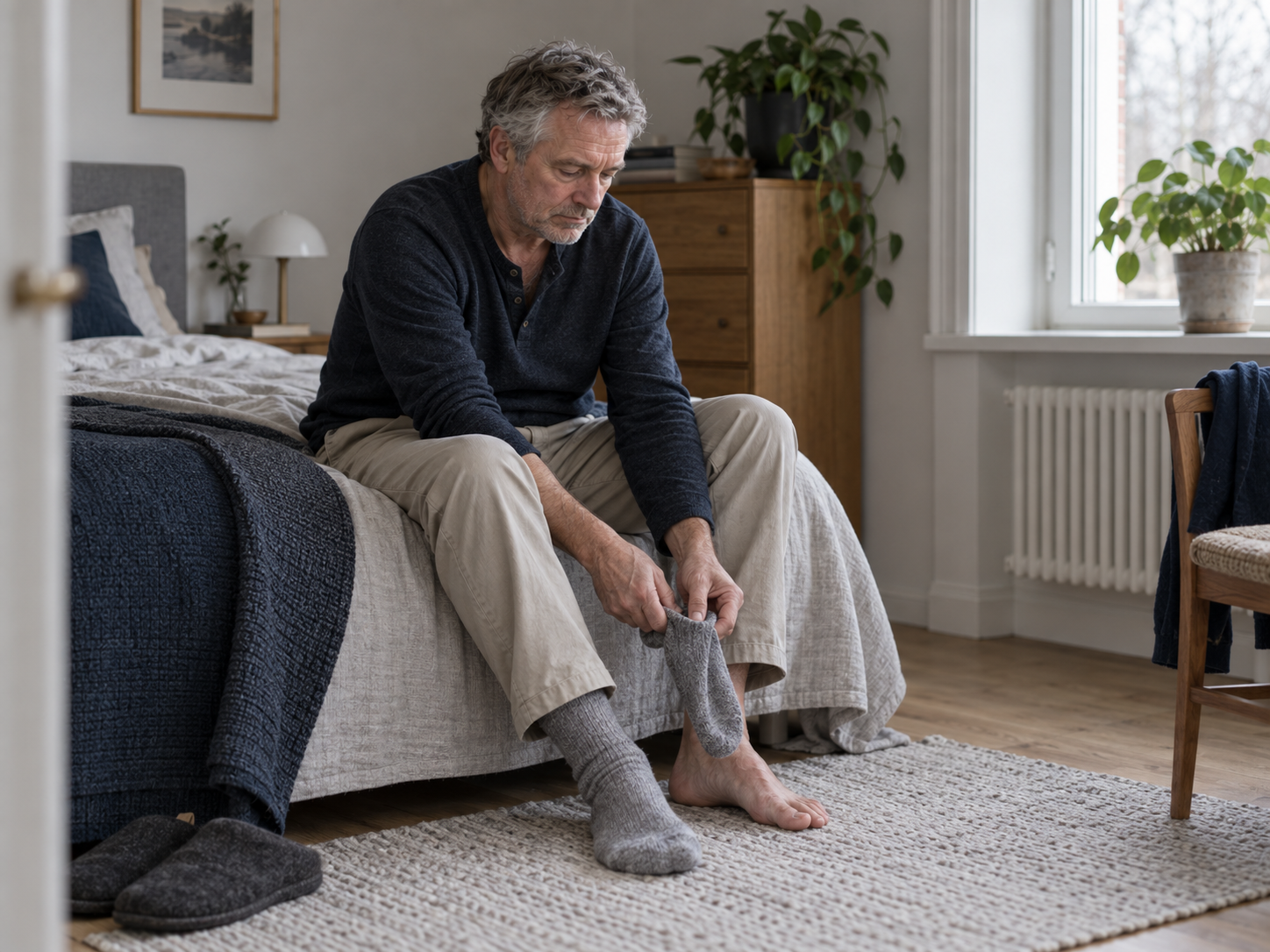 Man sitter på sängkanten och tar av sig strumpan