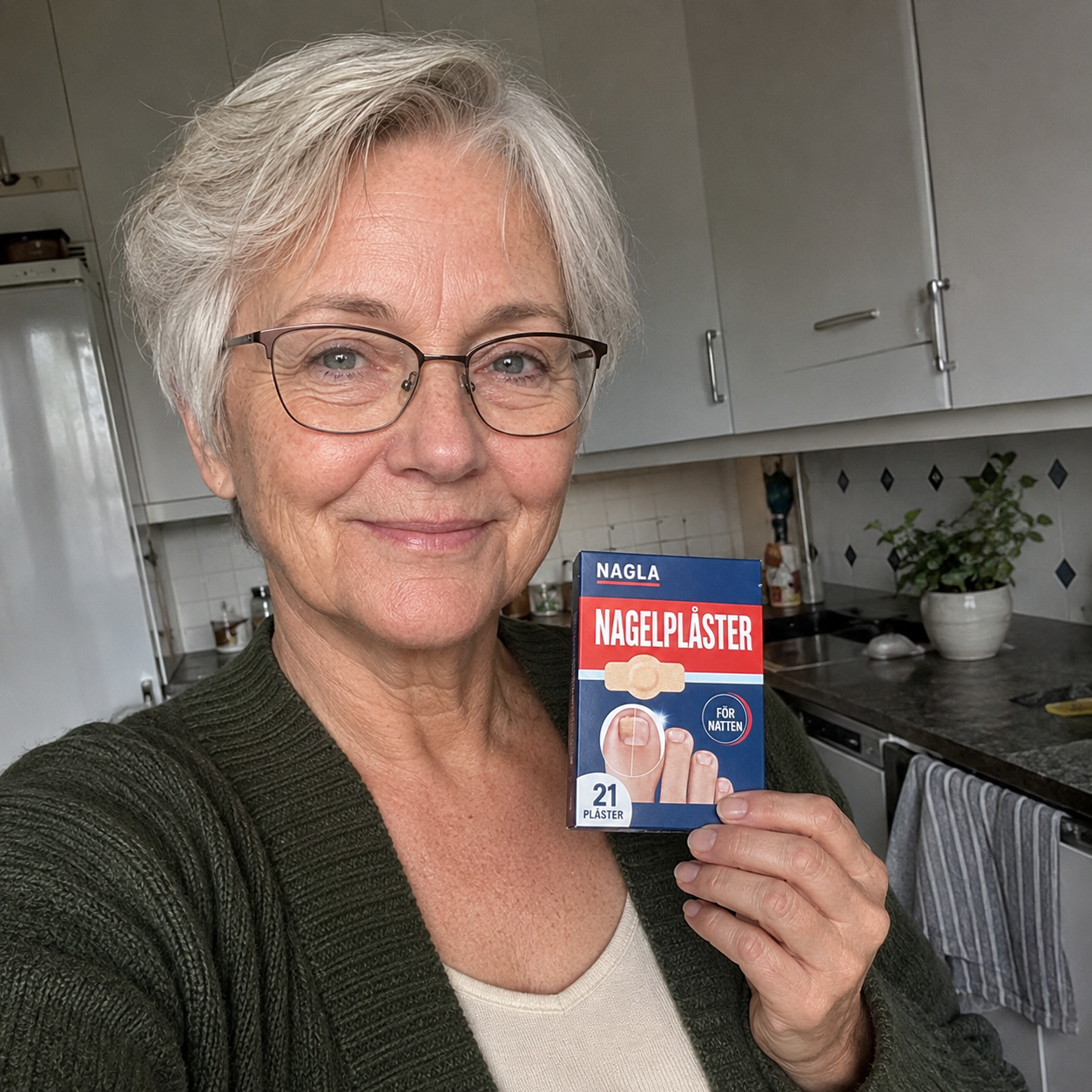 Anita, 63 år håller upp en förpackning NAGLA Nagelplåster