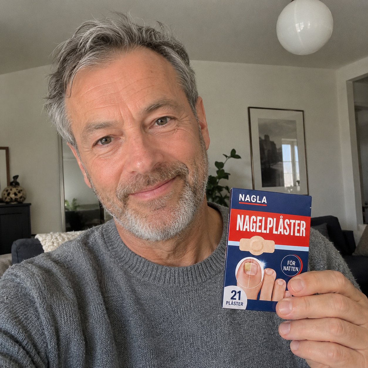 Anders, 60 år håller upp en förpackning NAGLA Nagelplåster